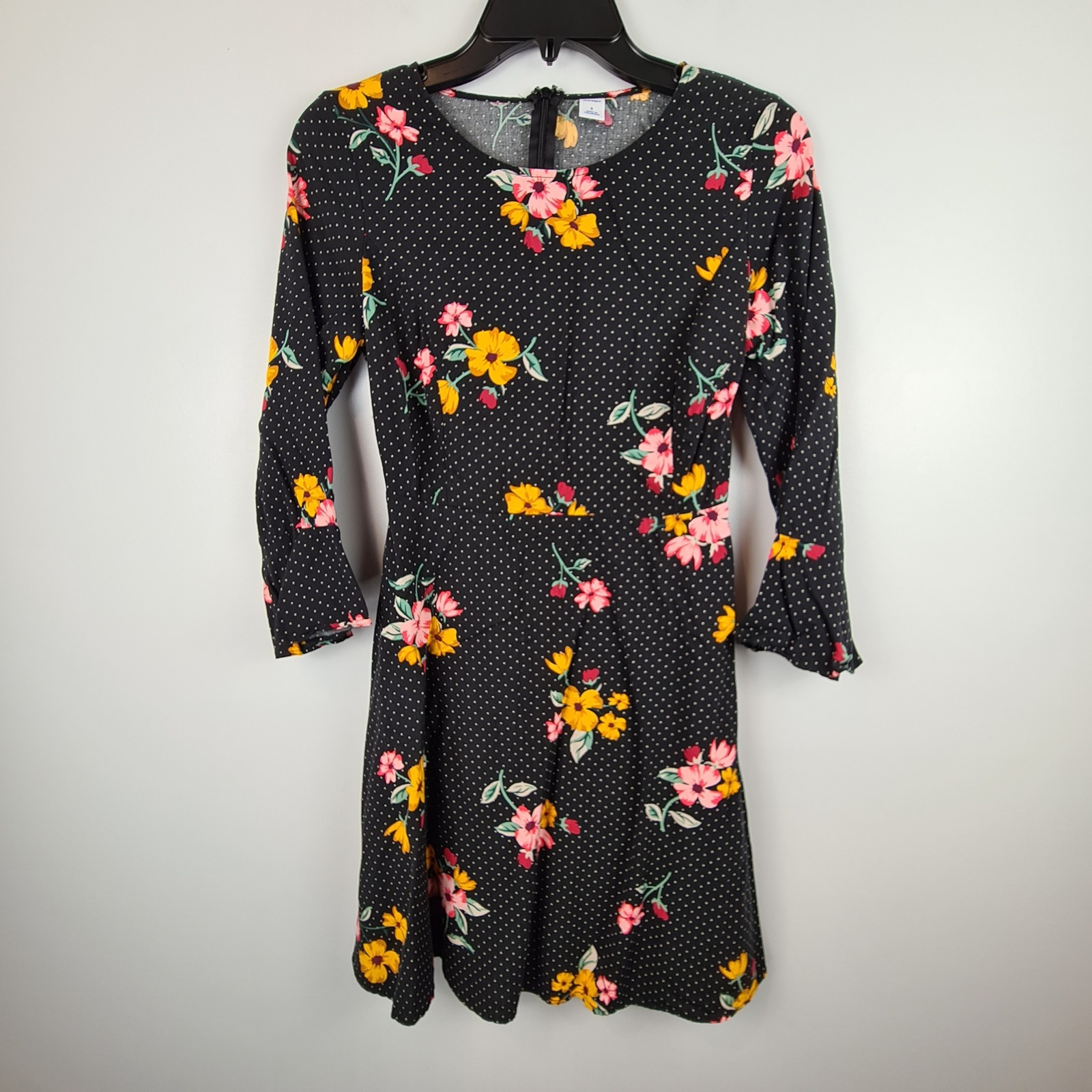 Old Navy Womens Black Floral Polka Dot Fit & Flare Mini Dress Smocked Back Sz S